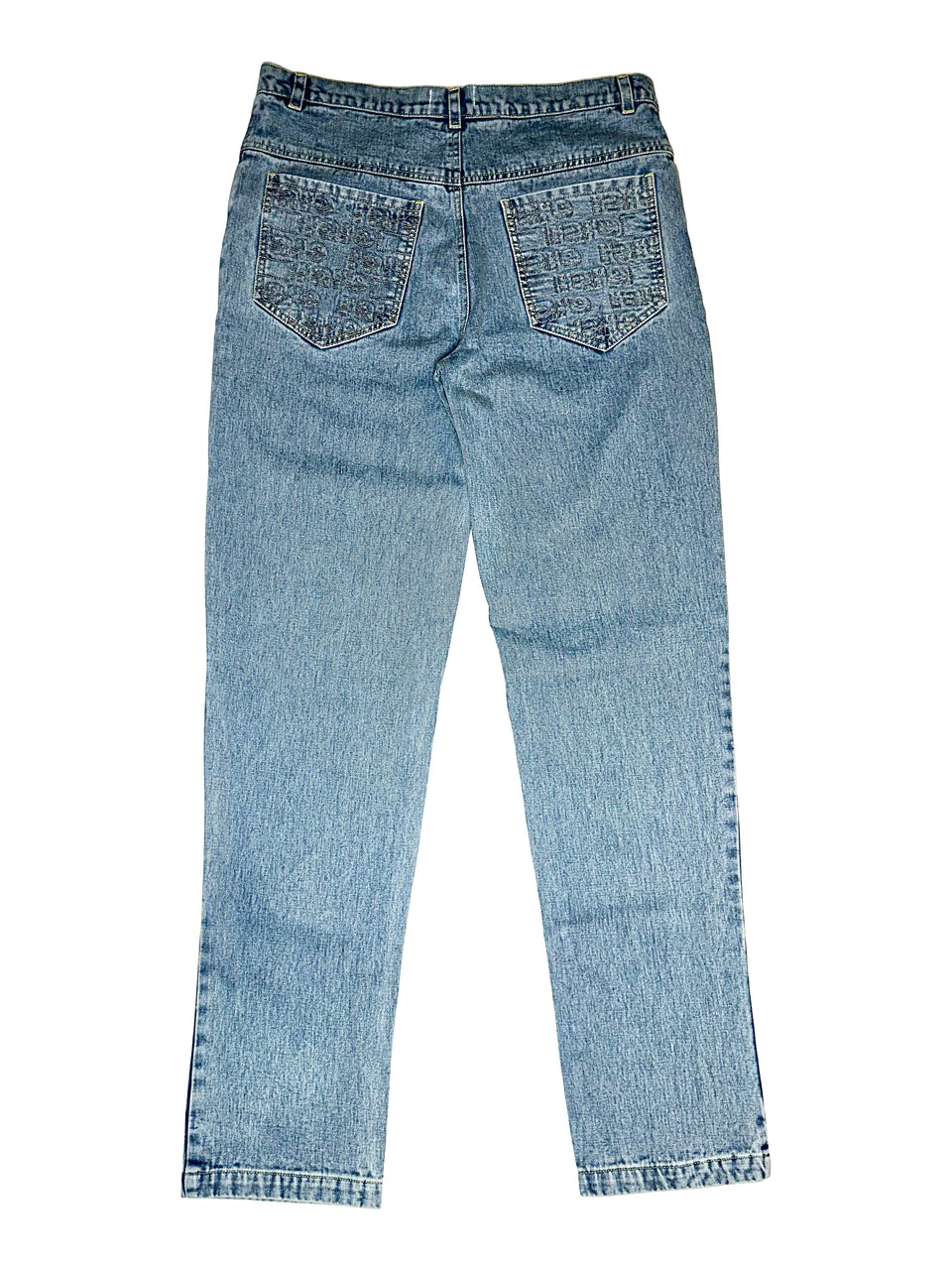 Back view of light blue jeans on a white background