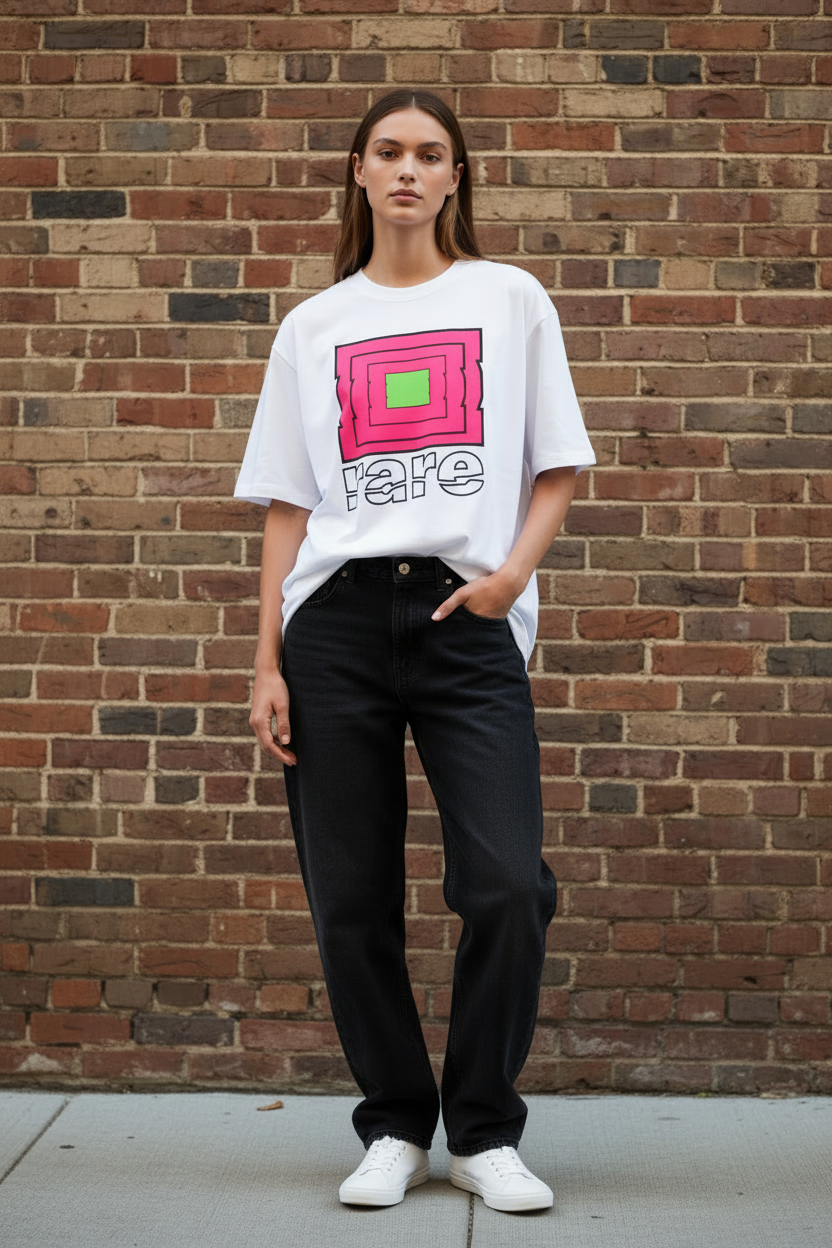 Female Rare Regalia stool symbol white t-shirt brick wall.