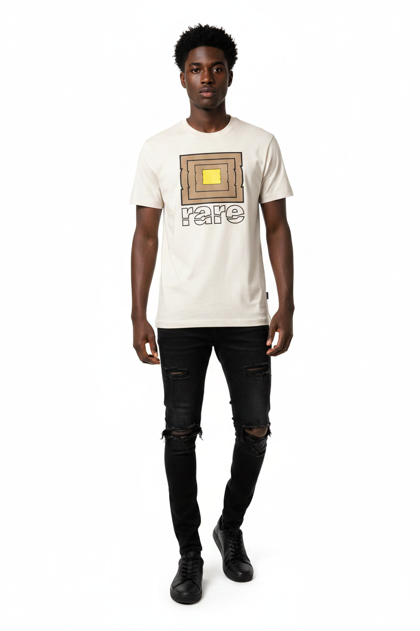 Model in tan Rare Stool Symbol logo t-shirt on a white background. 