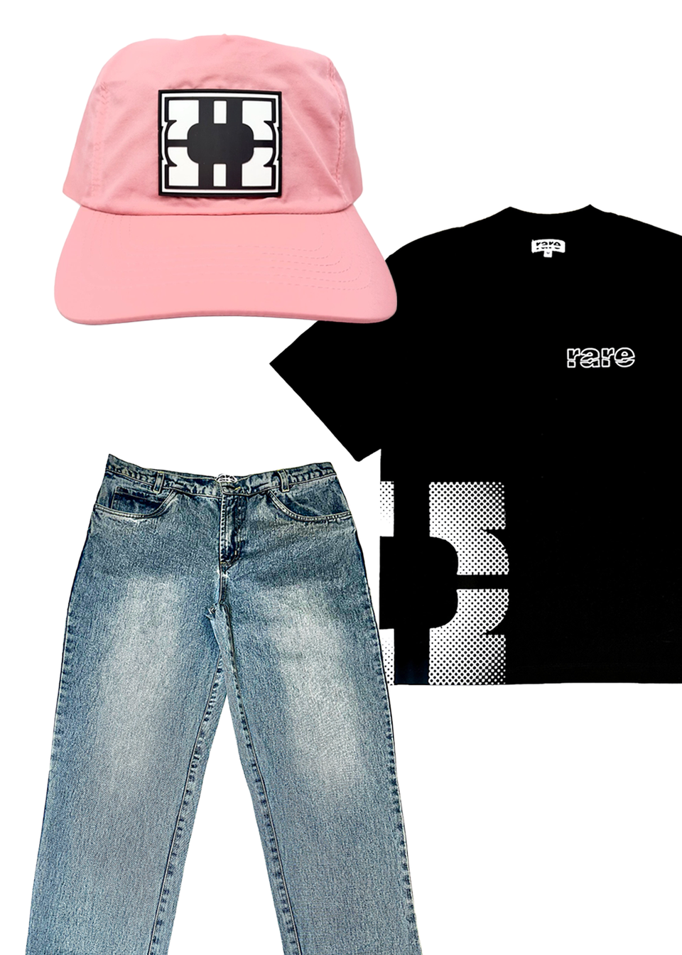 A styled flat-lay outfit set featuring a light pink baseball cap with a black and white geometric logo, a black short-sleeve t-shirt with a white graphic print and brand logo, and light-wash blue denim jeans.