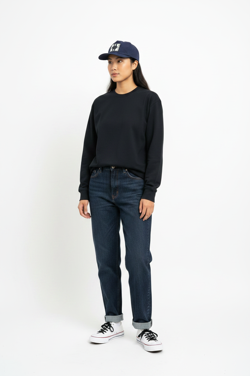 Model standing on a white background.