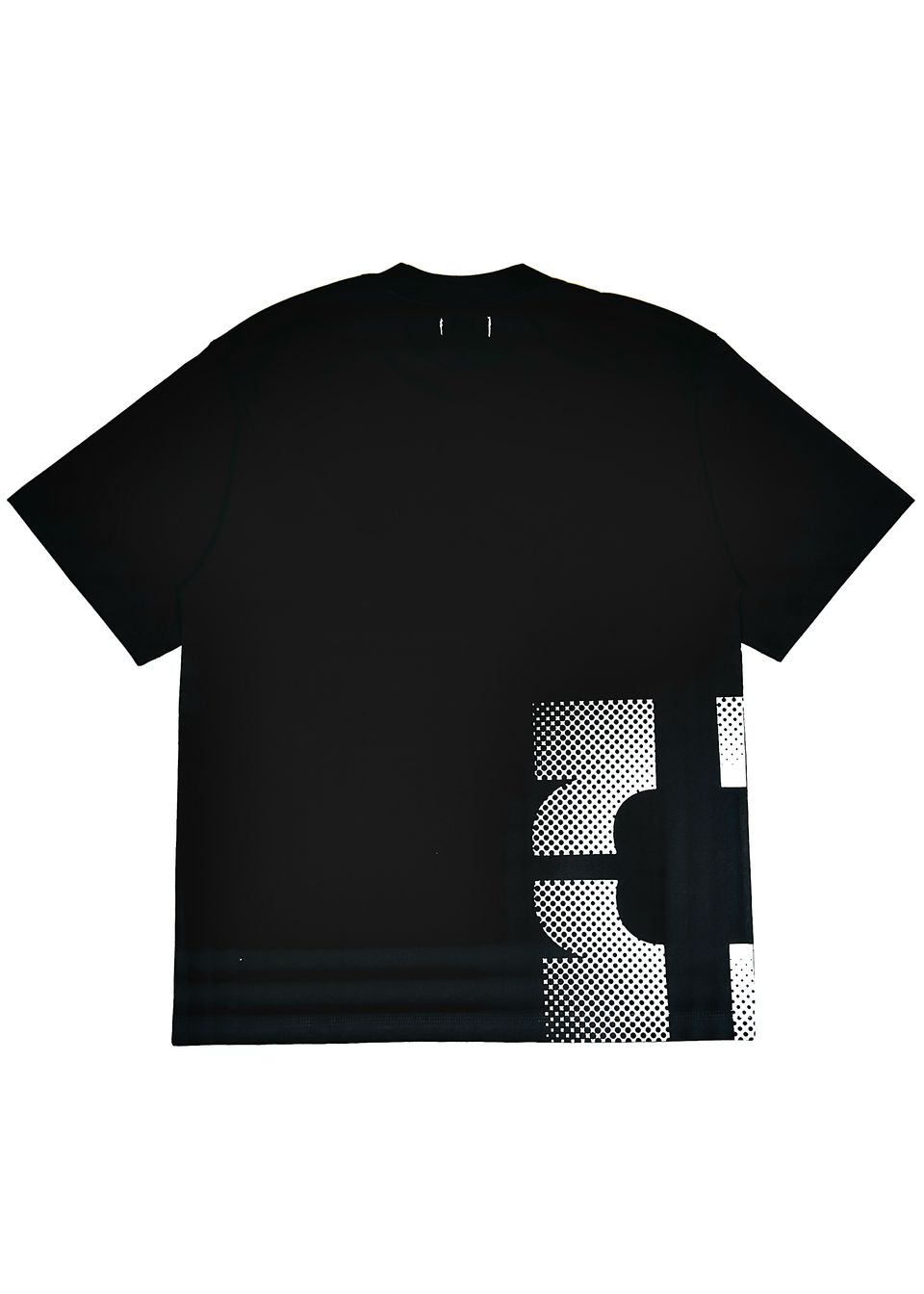 Black t-shirt with a graphic design on a white background