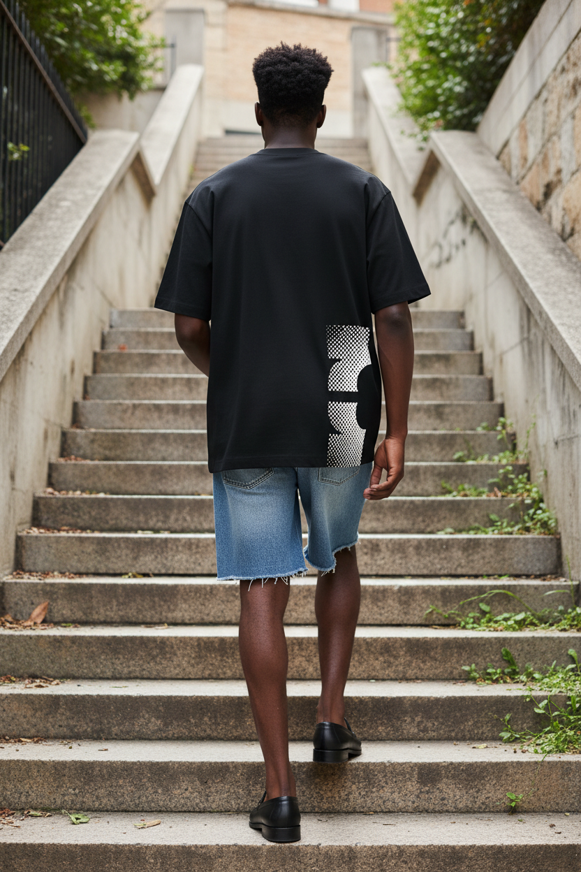Model in black stool symbol logo graphic t-shirt, walking up a stairway. 