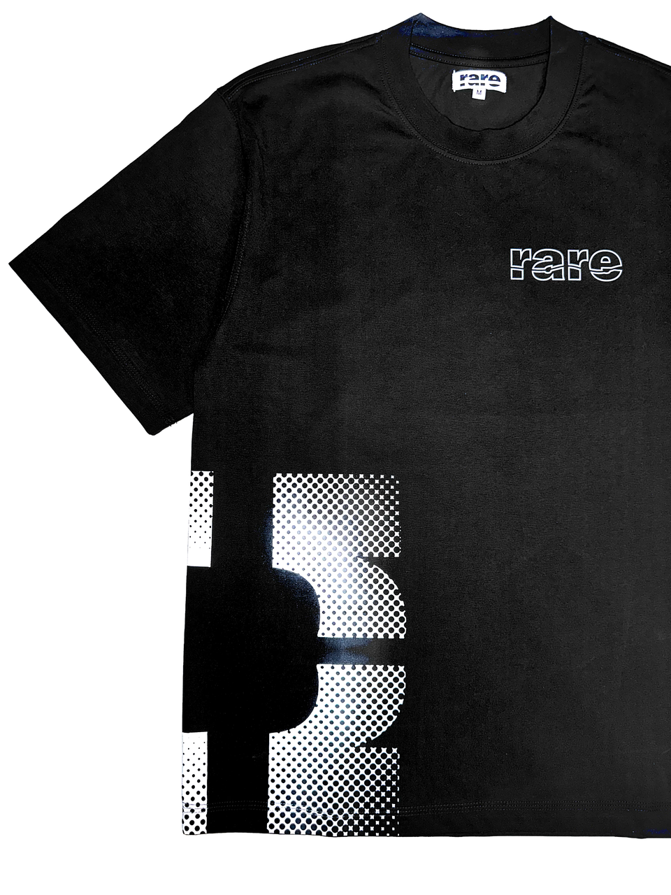 Black t-shirt with white text and abstract design on a white background