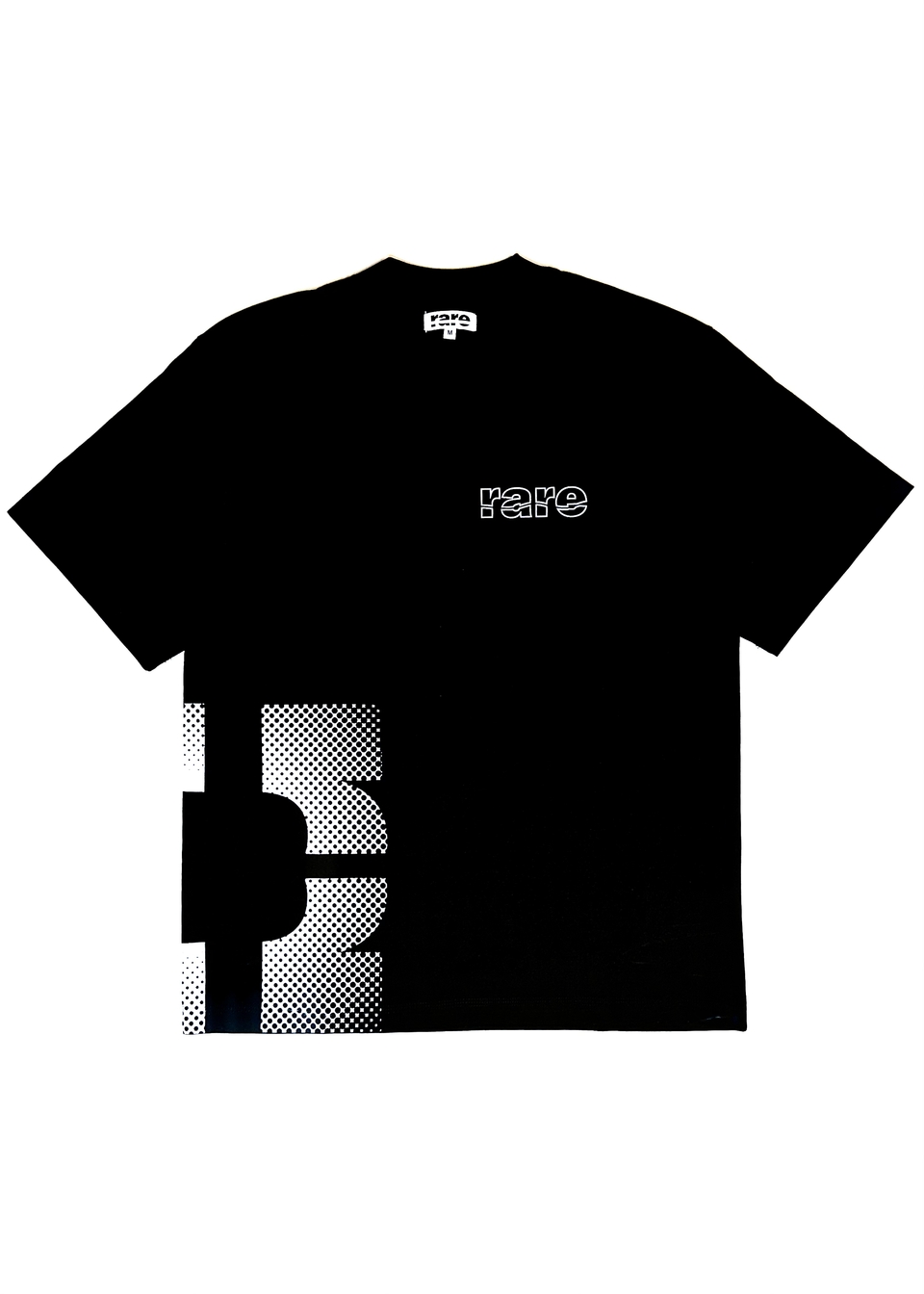 Black t-shirt with white text and design on a white background