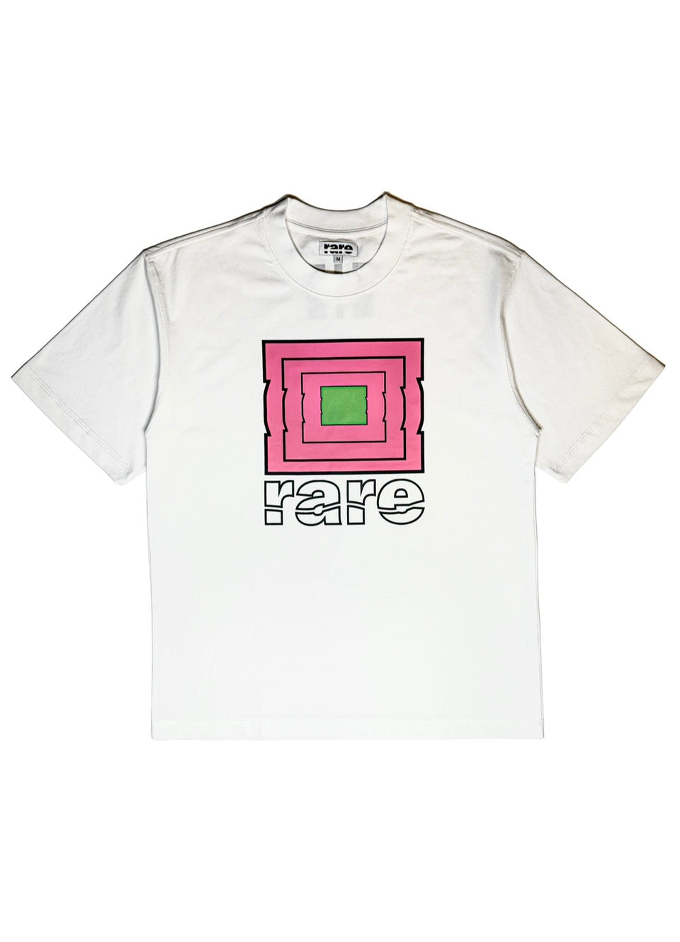 White stool symbol tee in rose pink, green, and black. 