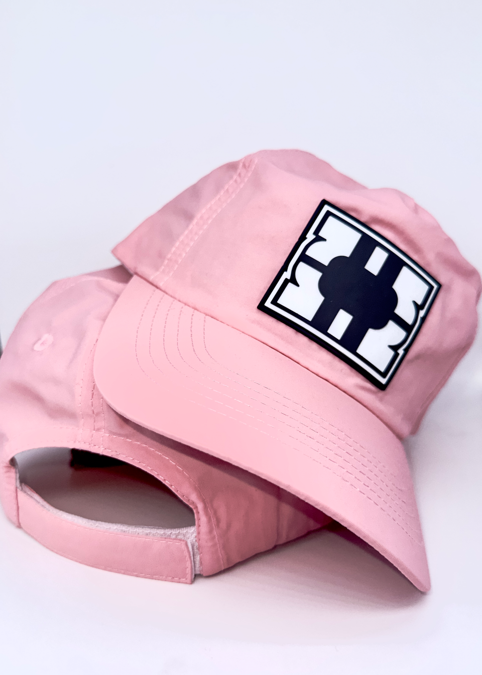 Rare summer 2026 adjustable pink nylon hat in pink with black & white PVC logo